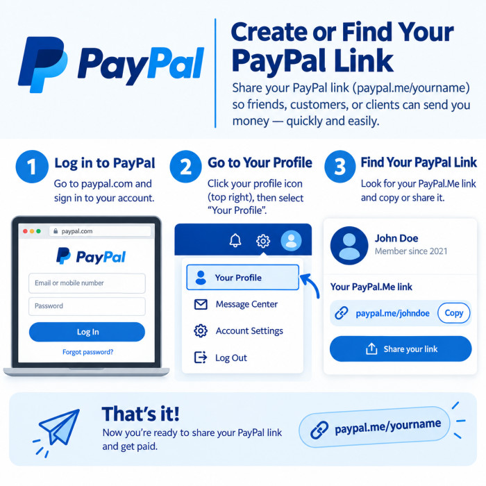 Step-by-step guide illustrating how to create or find a personal PayPal.Me payment link.